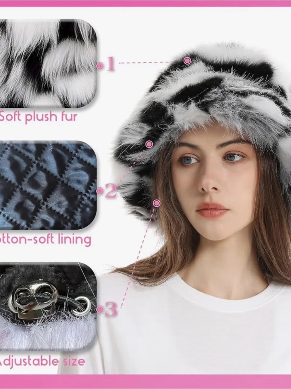 Faux Fur Bucket Hat - Black & White